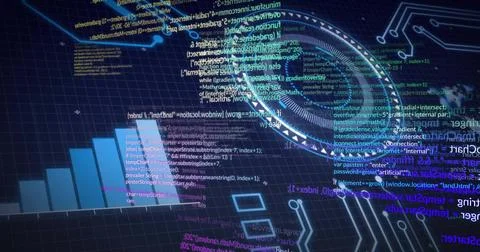 Projecting hologram brain streaming nodes and scrolling code over grid plane, Illustrazione stock