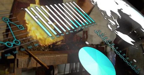 Projecting hologram data interface floating over forge shop showing teal charts Photos