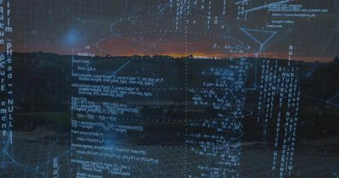 Projecting hologram data overlay spanning dusk horizon, with code blocks, wir Stock Illustration