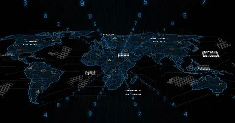 Projecting hologram global map rendering on dark grid plane, showing hex イラスト素材