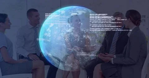 Projecting hologram globe hovering over five staff sitting in meeting room, in Stock-Fotos
