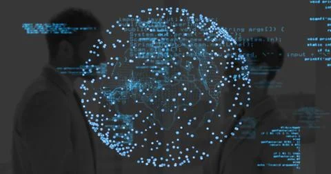 Projecting hologram globe over table in office, two partners in suit tie and Stock-Fotos