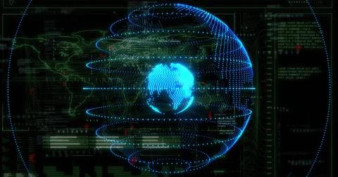 Projecting hologram globe rotating in digital dashboard, showing orbital rings, 库存插图