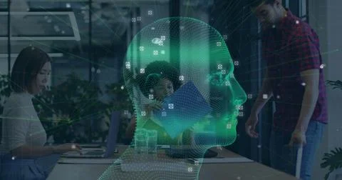 Projecting hologram head showing data nodes and camera icons above conference Stock Photos