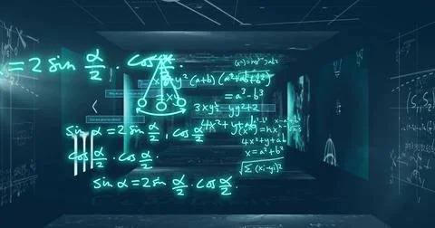 Projecting hologram math equations and triangle diagram in dim lab corridor, Stock Illustration