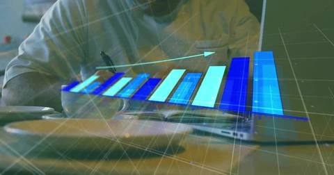 Projecting holographic 3D bar chart at wooden table man in shirt writing in 스톡 사진