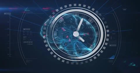 Projecting holographic 3D brain spinning inside virtual HUD, with analog clock Stock Illustration