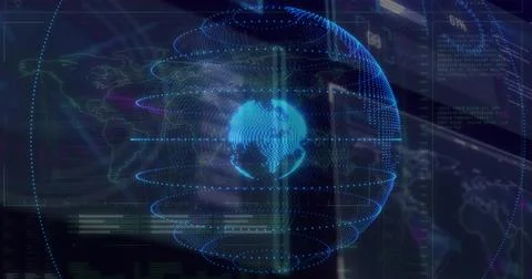 Projecting holographic 3D globe displaying orbital rings in operations console, Stock Illustration
