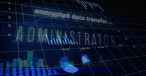 Projecting holographic ADMINISTRATOR dashboard over 3D grid plane, showing neon Stock Illustration