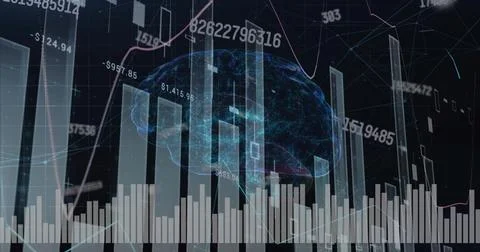 Projecting holographic brain in data visualization, with bar chart, line graph, Stock Photos