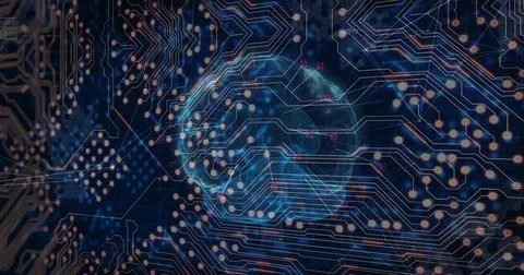 Projecting holographic brain displaying circuit traces and glowing data points Stock Illustration
