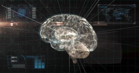 Projecting holographic brain model floating on lab display, with grid overlay Stock Illustration