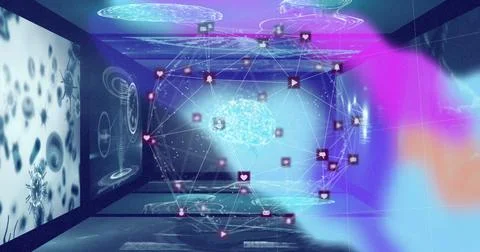 Projecting holographic brain spinning in wireframe cube in lab, with icons and Stock Illustration