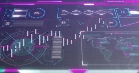 Projecting holographic candlestick chart overlaying screen in analysis room, Illustrazione stock