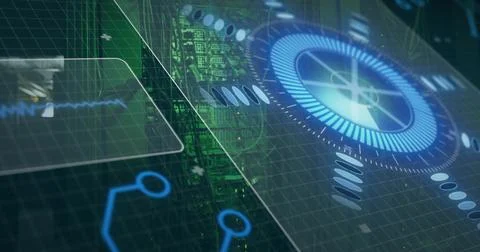 Projecting holographic circular HUD in server room, showing grid, waveform an Illustrazione stock