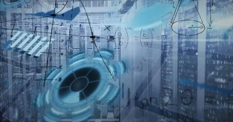 Projecting holographic circular interface floating in server room, with racks, Stock Photos