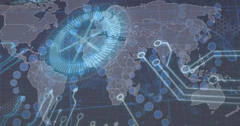 Projecting holographic circular interface hovering above world map, with glowing Stock Photos