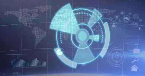 Projecting holographic circular interface rotating rings over console, showing Stock Illustration