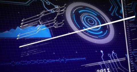 Projecting holographic circular interface rotating over grid in futuristic Fotos de archivo