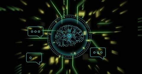 Projecting holographic circular interface with schematic brain labeled AI, Stock Photos