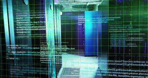 Projecting holographic code grid overlay across server racks in data center h Stockfoto's
