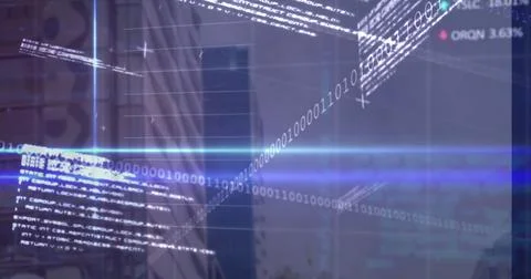 Projecting holographic code overlay floating over home office, showing binary Stock Photos