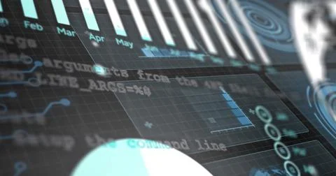 Projecting holographic dashboard on dark grid, showing bar chart, pie chart, Illustration