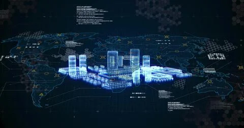 Projecting holographic data center model on virtual dashboard, showing towers Stock Photos