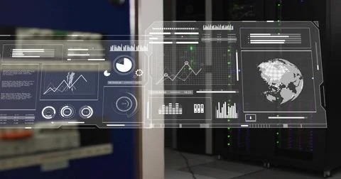 Projecting holographic data dashboard floating over data center, showing charts, Stock Illustration