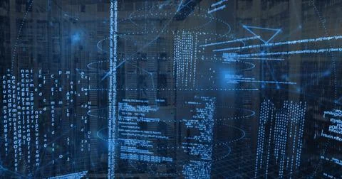 Projecting holographic data display wrapping server racks in data center, Stock Photos