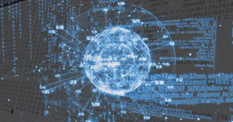 Projecting holographic data globe floating in virtual 3D space, showing glowi Stock Illustration