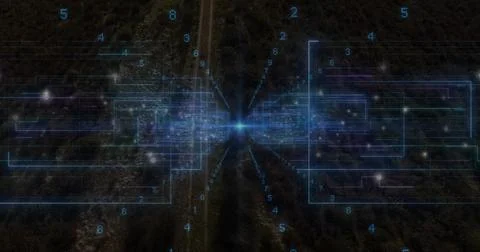 Projecting holographic data nexus overlaying wooded dirt road from aerial view, Stock Illustration
