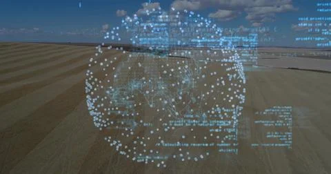Projecting holographic data sphere hovering above stubble rows at farm, with Stock Illustration