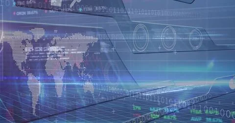 Projecting holographic dotted world map and binary code over laptop keyboard, Stock Illustration