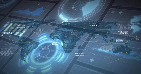 Projecting holographic global map over dark grid interface, showing HUD Stock Photos
