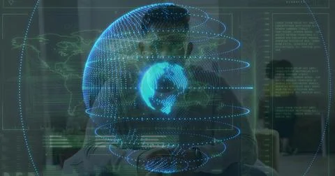 Projecting holographic globe and data display over couple in casual clothes in Stock Photos