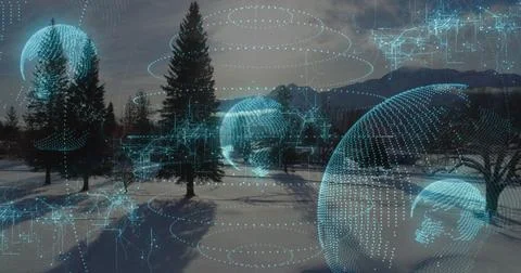 Projecting holographic globe casting data rings over snow ground, with fir Stock Illustration