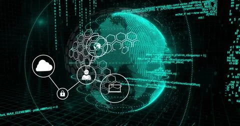 Projecting holographic globe with hexagonal mesh on dark grid, showing Stock Illustration