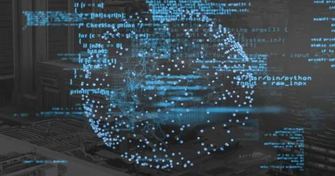 Projecting holographic globe hovering over server racks at data center, with  Stock Illustration