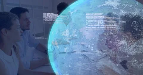 Projecting holographic globe hovering over conference room, team in collared 写真素材