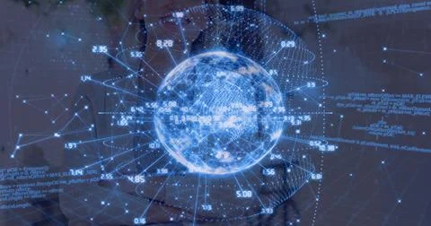 Projecting holographic globe hovering over device at desk, code overlays and Stockfoto's