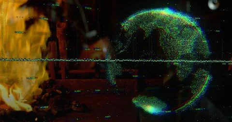 Projecting holographic globe on right in workshop, showing green static band, Stock Illustration