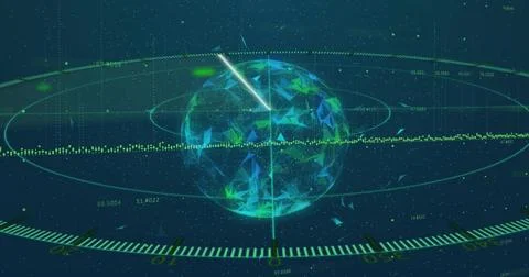 Projecting holographic globe rotating in virtual control display, showing Illustrazione stock