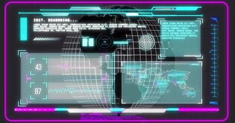 Projecting holographic globe scanning data on virtual control interface, with Illustrazione stock