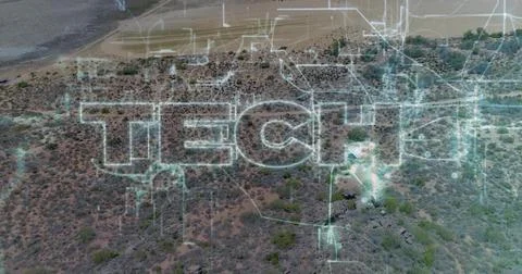 Projecting holographic graphic reading TECH! over arid scrubland from drone, Stock Photos