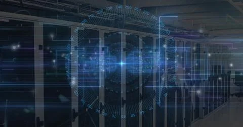 Projecting holographic interface on central black server racks in data center Stock Illustration