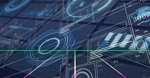 Projecting holographic interface displaying HUD diagrams in virtual grid space, Stock Photos
