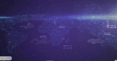 Projecting holographic map showing hex grids, data panels, warning icons, mar Illustrazione stock