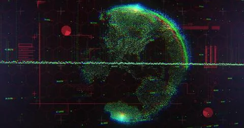 Projecting holographic point-cloud globe in HUD with horizontal waveform, hex Stock Illustration