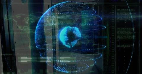 Projecting holographic point-cloud globe showing orbital rings in dark control Stock Illustration